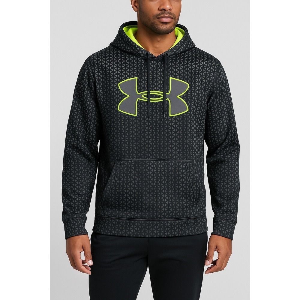 Under Armour Mens Big Logo Hoodie Black Neon Green Geometric Fleece Sweatshirt M